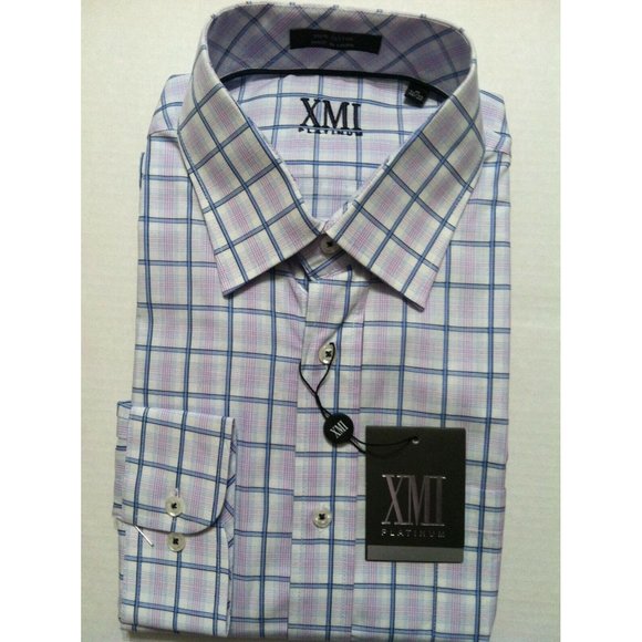 XMI PLATINUM MENS NEW WHITE 100%COTTON PLAID DRESS SHIRT SIZE: 17/32-33 - Picture 1 of 2
